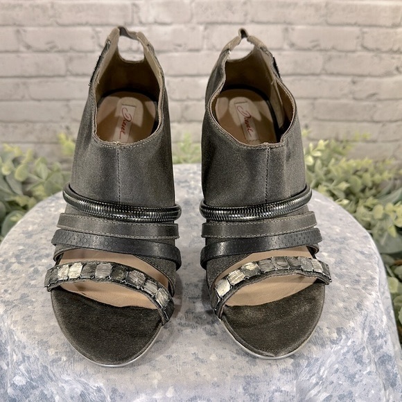 Diesel Palma Fossil Taupe Pewter Open Toe Suede/Satin Bootie Heels WMS 7M✨EUC✨ - Picture 2 of 11